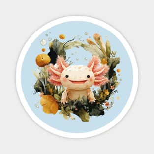 Smiling Axolotl in an Aquatic Wreath - Quirky Amphibian Art Magnet